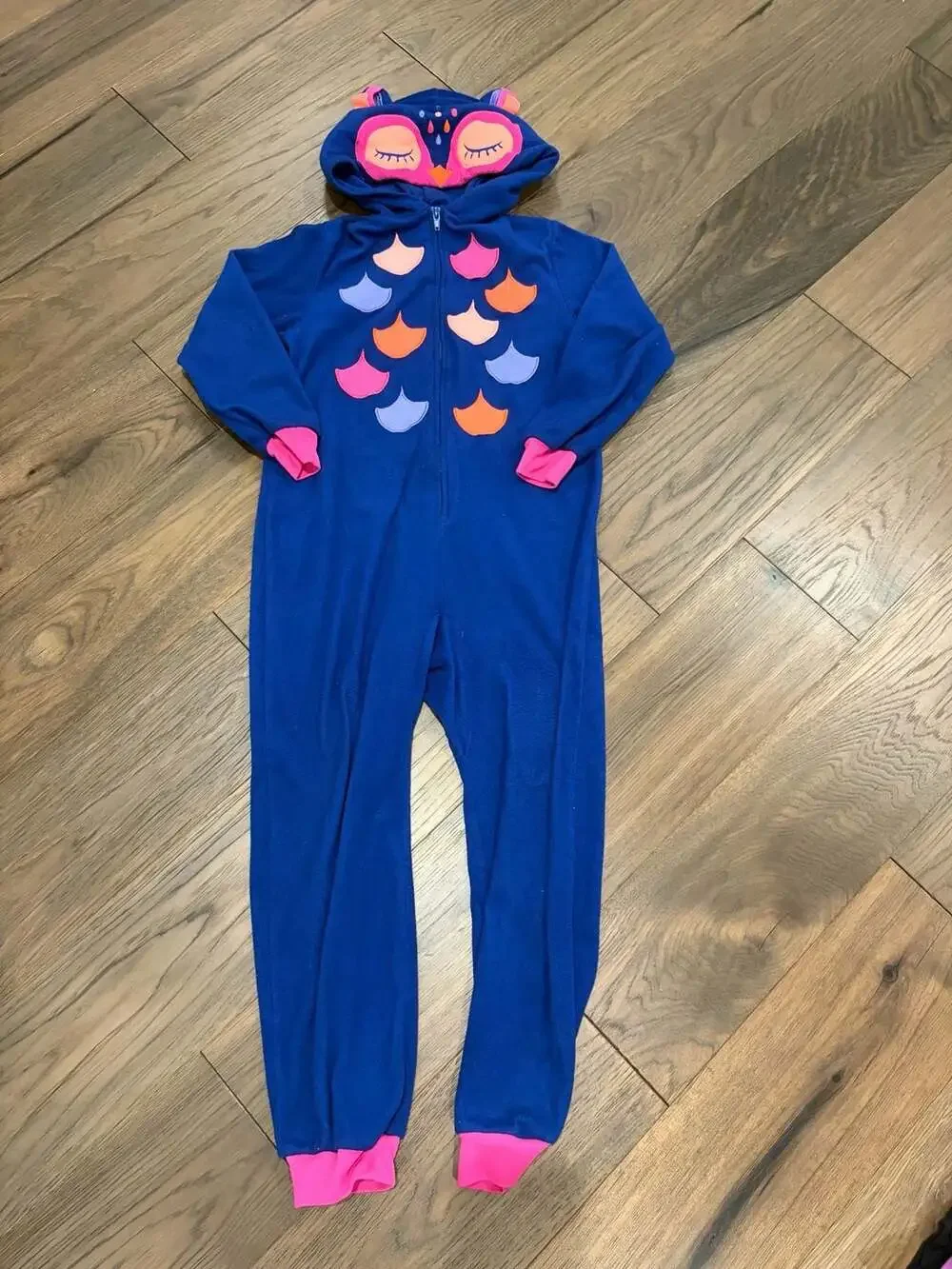 Cat & Jack Girls Blue Owl Hooded Fleece One Piece Pajamas Size S 6/6X